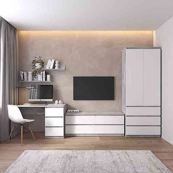 Комплект мебели в гостиную VAYS, шкаф R-9 тумба R-6 стол R-1 полки М-22 Бетон-Белый фасад Львов