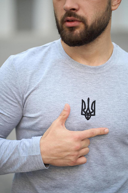 Мужской лонгслив Pulse с Трезубцем реглан однотонный Футболка с длинным рукавом хлопок Кофта приталенная серый Одесса - изображение 7