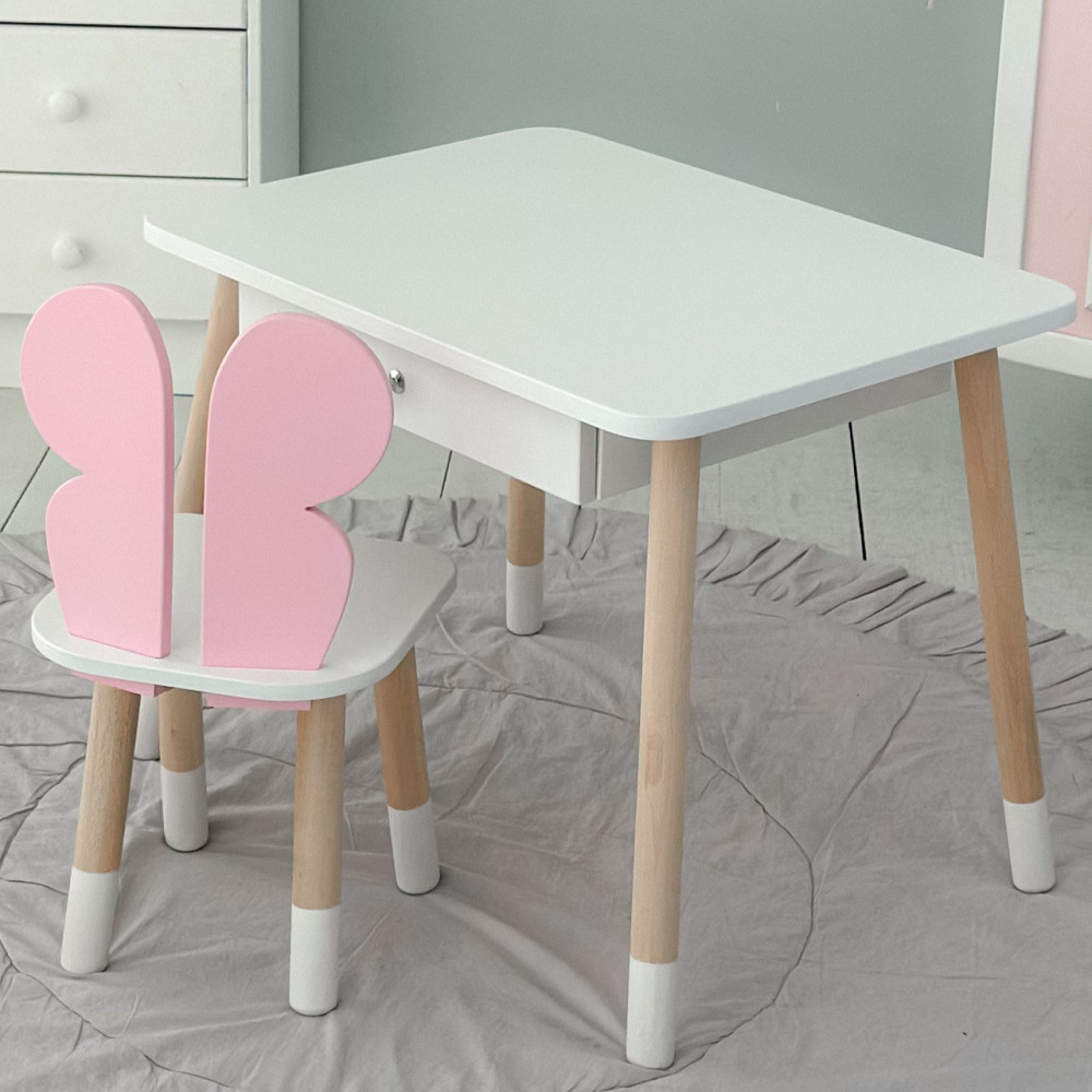 Стол прямоугольный с выдвижным ящиком 46х60х45 и стул бабочка 26х26х24, столик и стульчик для девчачьей комнаты, розовый с белым Каменское - изображение 14