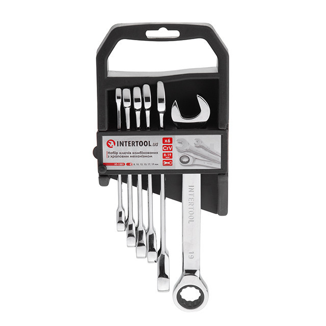 Набор ключей комбинированных, с трещоткой, 6 шт., 8-19 мм, Cr-V, профессиональный, DIN3113 INTERTOOL XT-1301 Киев - изображение 1