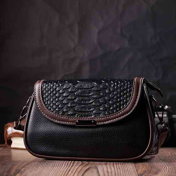 Стильная сумка для женщин с фактурным клапаном из натуральной кожи Черная (Vintage) Киев