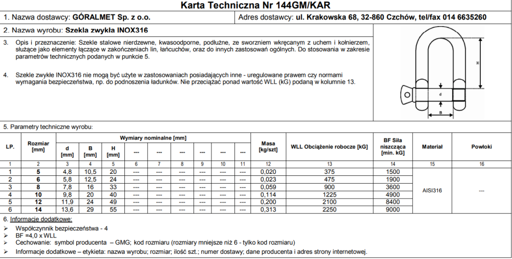 Такелажна скоба "GoralMet" typ-U з нержавіючої кислотостійкої сталі AISI 316 діаметром 6 мм Київ - фото 5