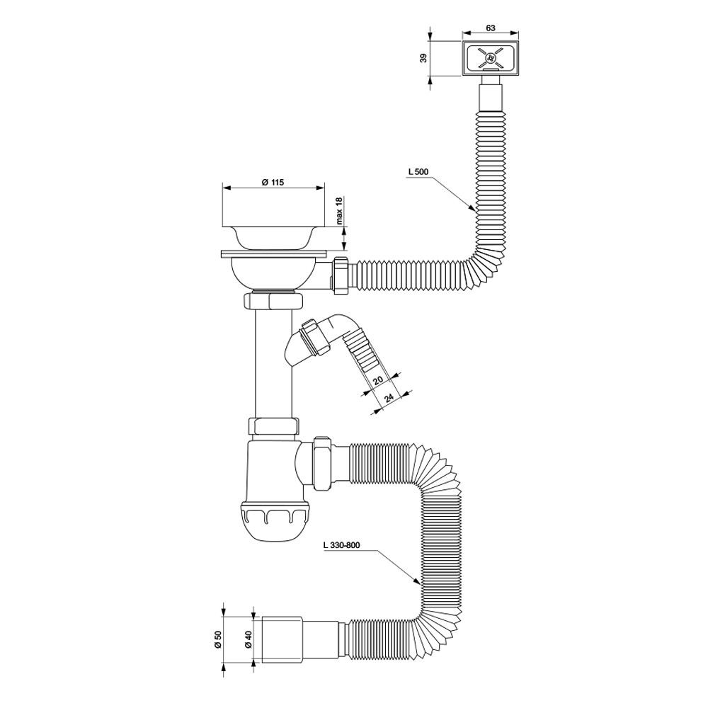 TAU Cифон для кухонной мойки с пластиковым выпуском 3½" выводом под стир. машину квадратным пер Київ - фото 4