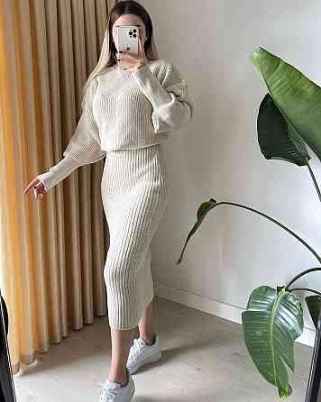Женский стильный теплый костюм из свитера и юбки ангора рубчик с начесом Молочный Одесса