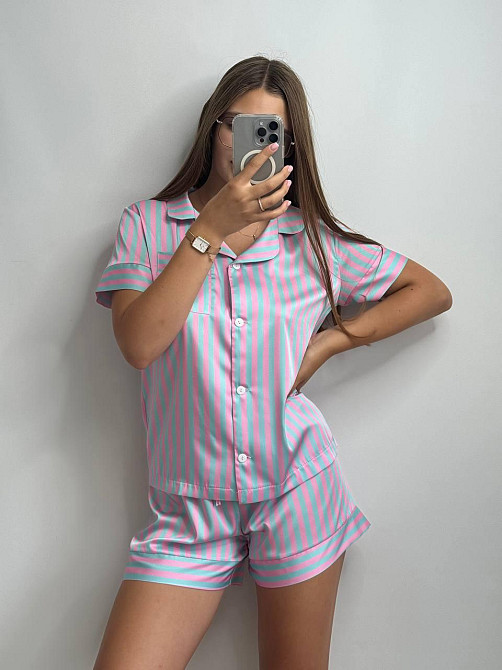 Жіноча сатінова піжама смужка Блакитно-Розовий M-L Харків - фото 2
