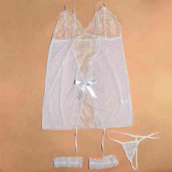 Коротенький пеньюар із підв'язками для панчіх білий XS-S — Еротична білизна Вінниця
