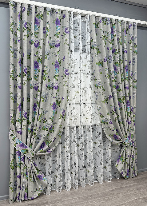 Комплект штор VR-Textil Лен Прованс 200х270 2шт и Тюль 600х270 2084ш-1681т Светло-серый с фиолетовым и белым 71-208/7 Киев - изображение 2
