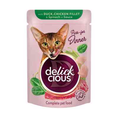 Влажный корм для кошек Delickcious Кусочки с уткой, куриным филе и шпинатом в соусе 85 г (4820269143142) Винница