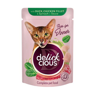 Вологий корм для кішок Delickcious Шматочки з качкою, курячим філе і шпинатом в соусі 85 г (4820269143142) Вінниця - фото 1