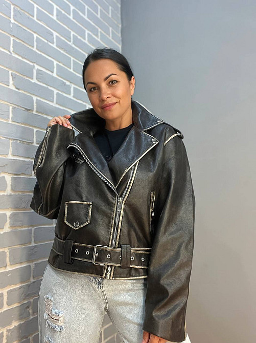 Куртка жіноча Aftf Basic 2456 косуха блискавки пояс варені шви екошкіра чорна, чорний, L Київ - фото 4