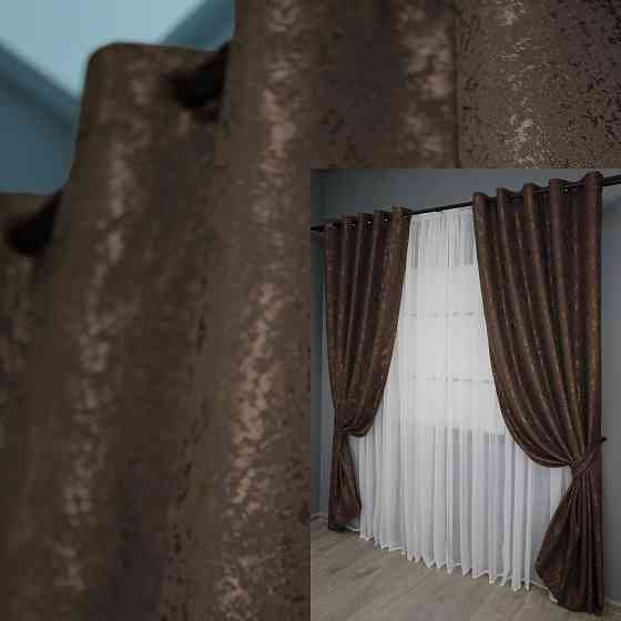Комплект штор на люверсах VR-Textil Льон мармур Pavliani № 1173ш 150х250 см 2 шт Коричневий (37-0038) Київ