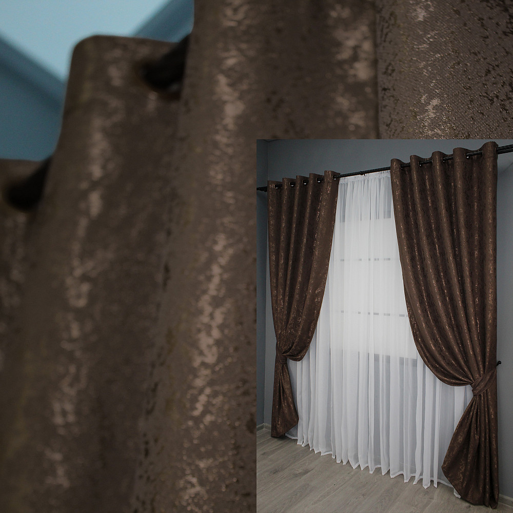 Комплект штор на люверсах VR-Textil Льон мармур Pavliani № 1173ш 150х250 см 2 шт Коричневий (37-0038) Київ - фото 1