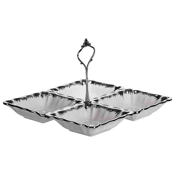 Yiwu Менажниця порцелянова на 4 секції 22.5×22.5×3 (см) з ручкою Білий зі сріблом LC-BYL-101-S Коломия