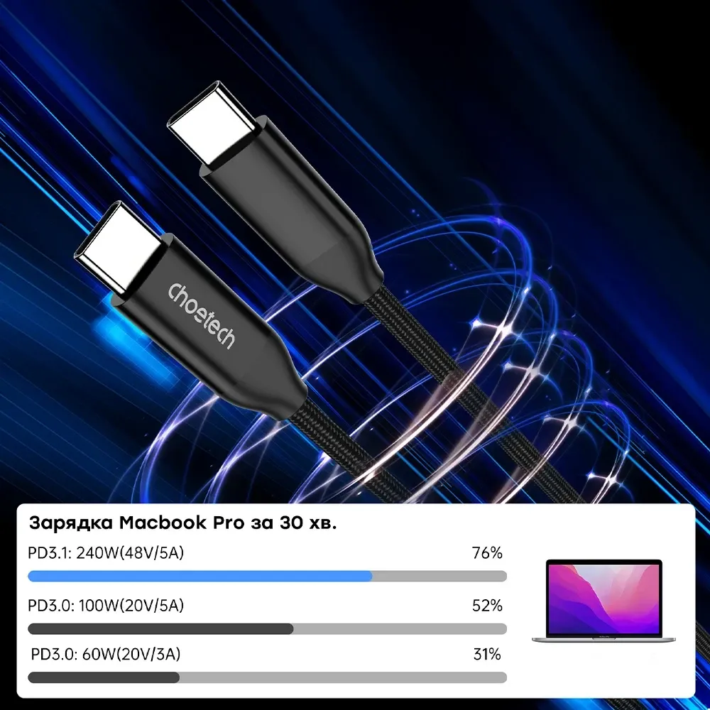 Кабель Choetech ХСС-1035 Black USB-C to USB-C PD3.1 240W 1m (43-00130) Киев - изображение 6