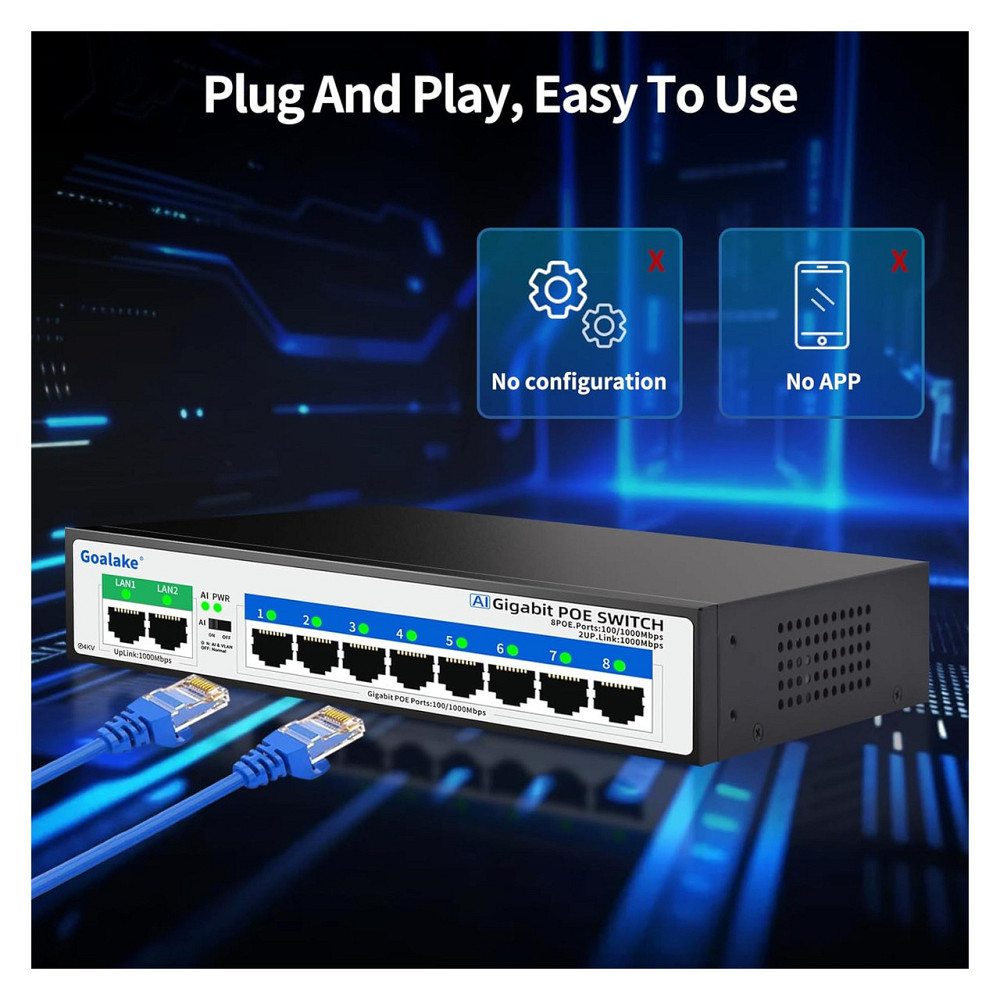 Коммутатор PoE сетевой Goalake 8 портов 1000 Мбит/с 100W 802.3af/at 2 uplink 4KV защита черный бесшумный Киев - изображение 4