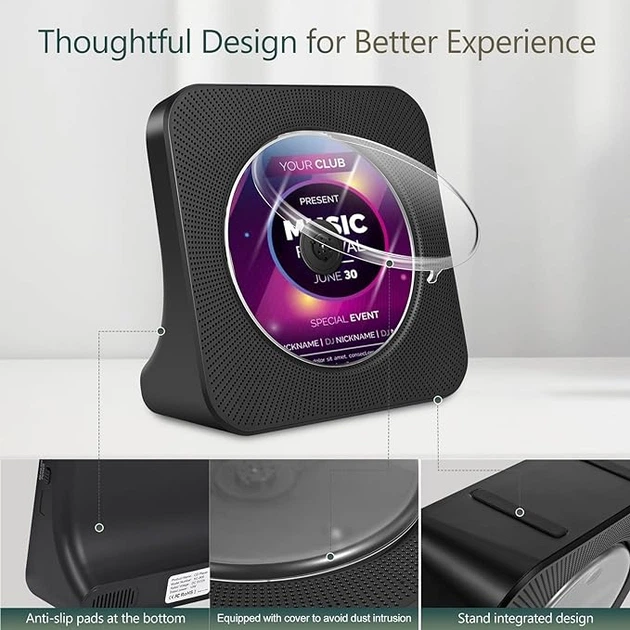 Портативний CD-плеєр Bluetooth 5.0 Hi-Fi — Настільний програвач з FM-радіо, USB та таймером сну, Чорний матовий Київ - фото 7