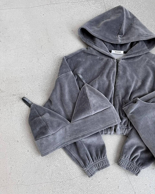 Женский стильный прогулочный костюм тройка турецкий велюр спорт Графит, 42/44 Одесса - изображение 5