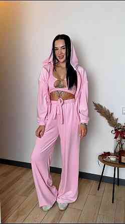 Жіночий стильний костюм-трійка: кофта топ і штани велюр плюш Рожевий, 44/46 Одеса