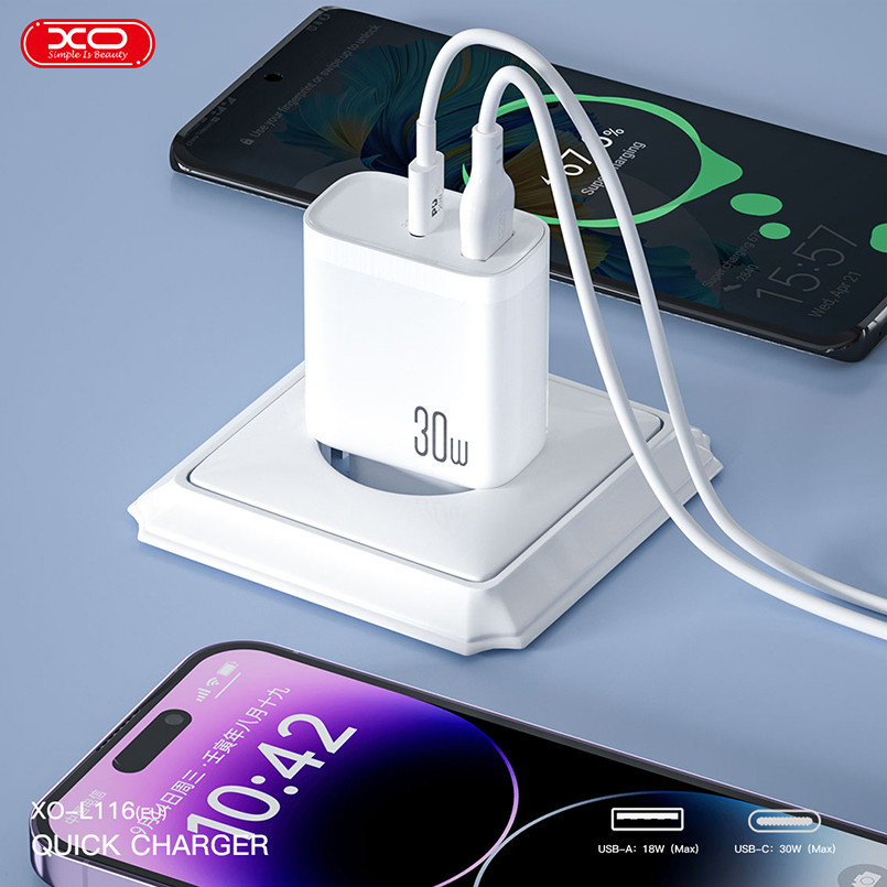 Мережевий зарядний пристрій XO L116 PD30W/QC18W 1USB-C+1USB-A + Lightning кабель білий Львів - фото 6