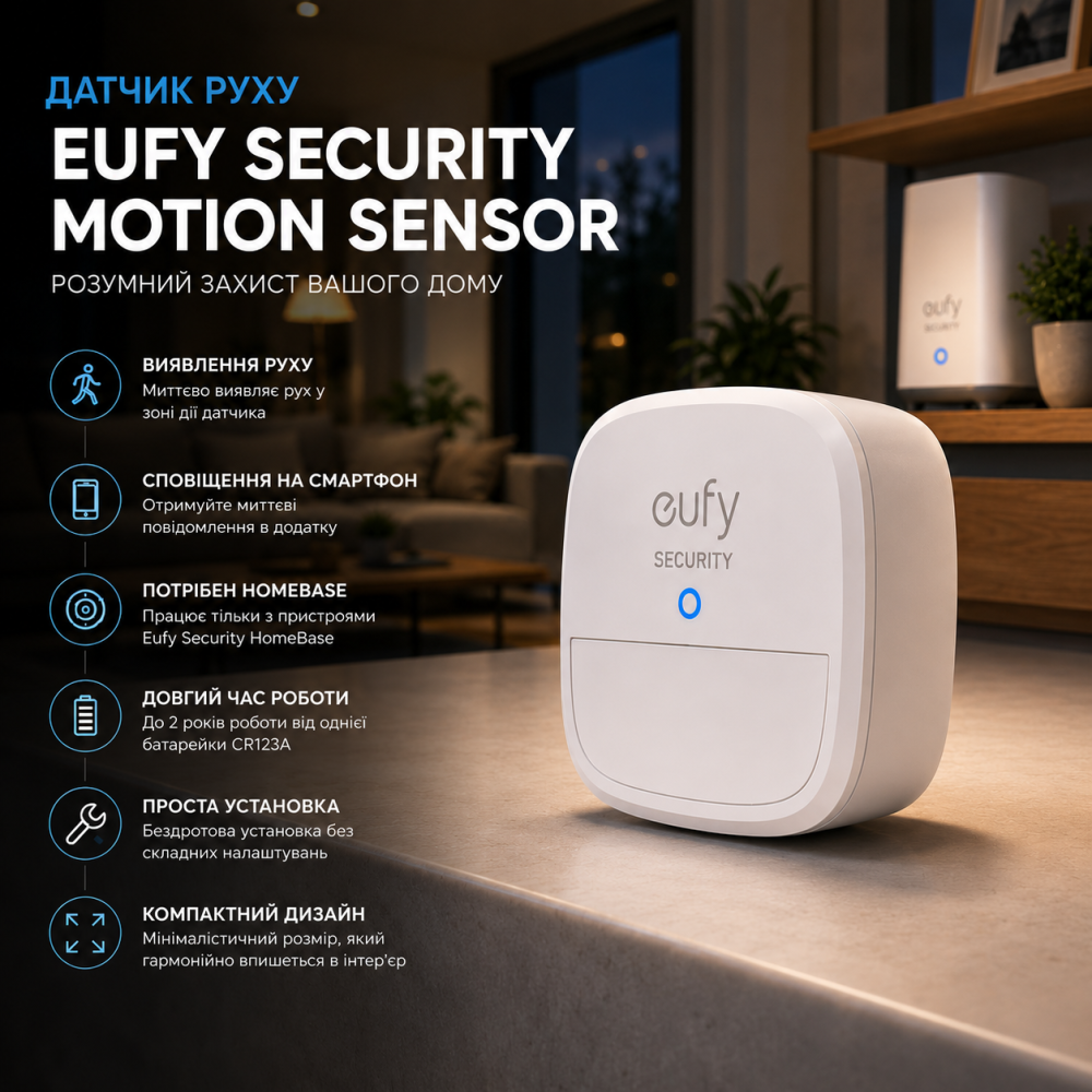 Датчик руху Eufy Security Motion Sensor Alarm, бездротовий, сповіщення на смартфон, HomeBase, білий Київ - фото 9