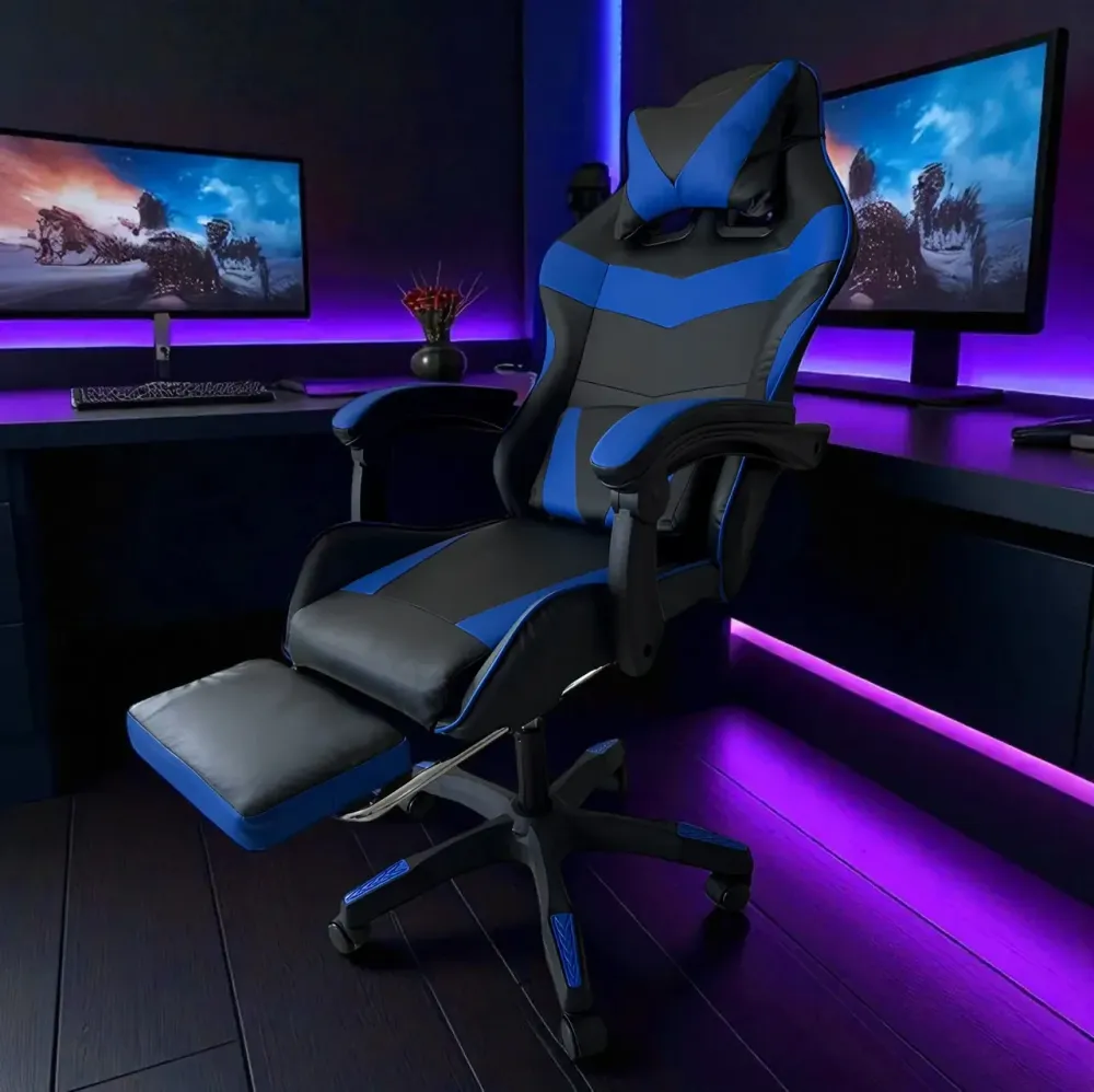 Геймерське ергономічне комп’ютерне крісло Vicotan VIP із підставкою для ніг, чорний із синім дизайном, з регулюванням нахилу спинк Львів - фото 5