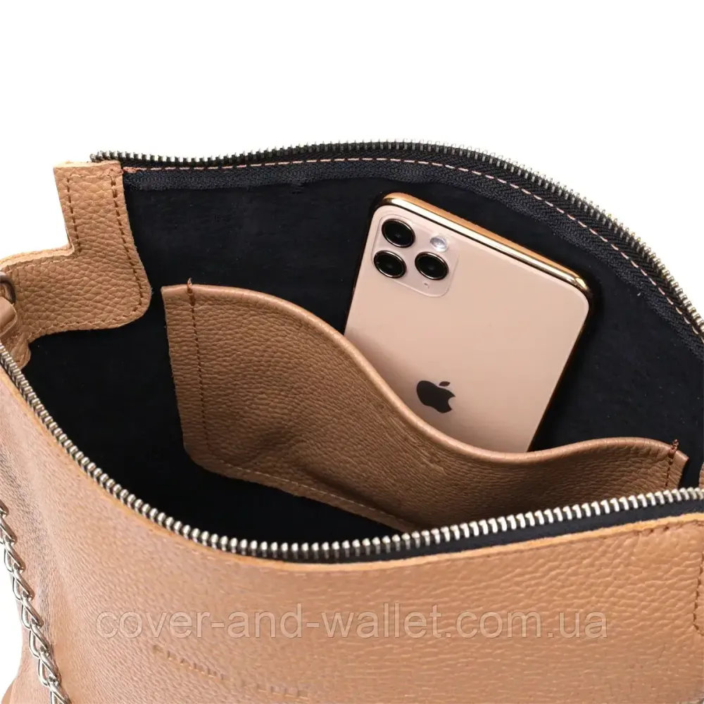 Красива жіноча сумка-трапеція з натуральної шкіри бежевого кольору Grande Pelle 746743 Київ - фото 6