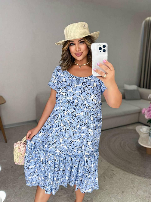 Жіноче легке принтоване плаття батал штапель Блакитний, 52 Одеса - фото 4