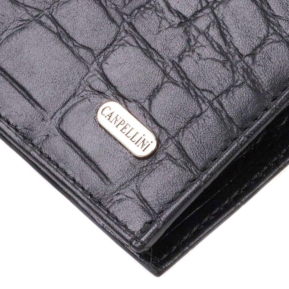 Мужской бумажник без застежки горизонтального формата из натуральной кожи с тиснением под крокодила Черный (CANPELLINI) Киев - изображение 9