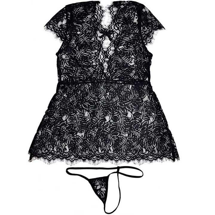 Коротенький сексі пеньюар із квітковим мереживом чорний — S/M — Еротична білизна Вінниця - фото 16