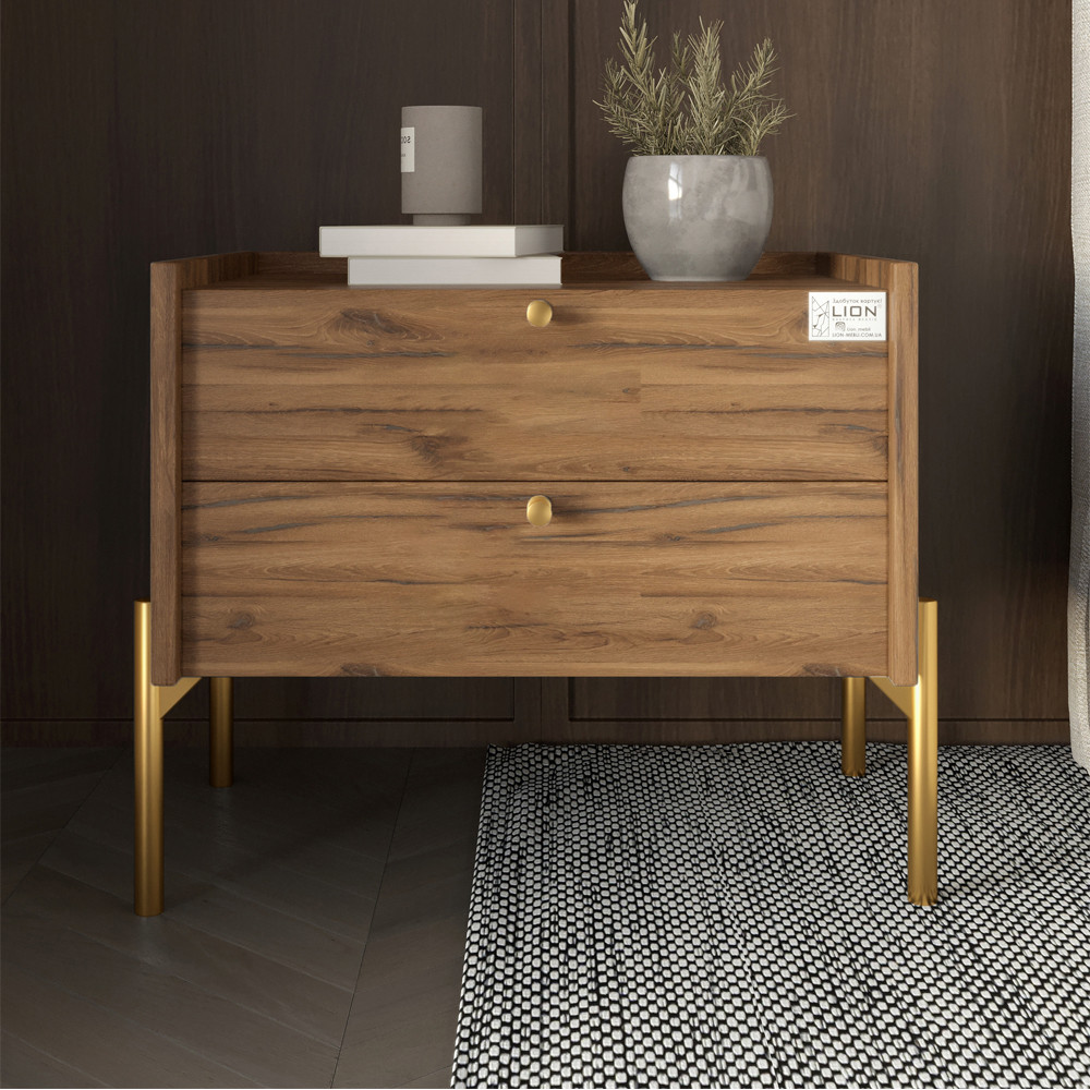 Тумба прикроватная LION Wood с двумя ящиками Дуб Ливорно (золотые ножки) (LION-041349) Львов - изображение 1