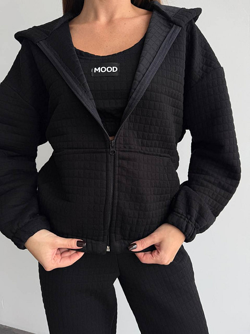 Жіночий прогулянковий костюм-трійка: кофта топ і штани Капітон Чорний, 42/44 Одеса - фото 9