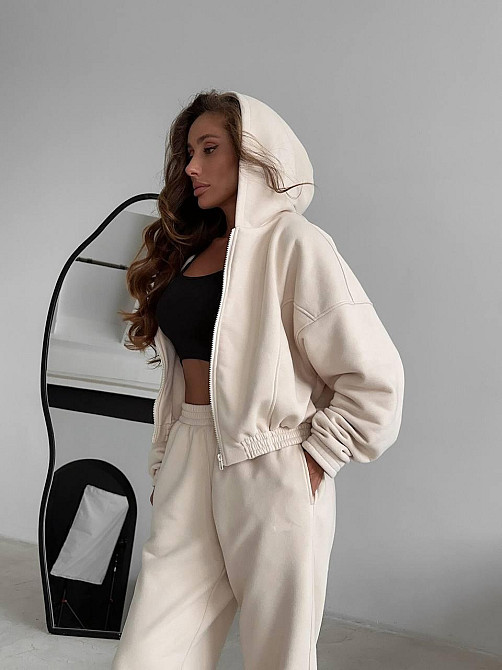 Жіночий стиглий повсякденний теплий костюм тринитка на флісі Молочний, 46/48 Одеса - фото 3