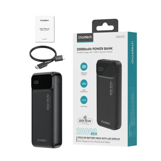 Повербанк 20000 mAh Choetech B729 Black 22.5W QC3.0 PD3.0 (43-00115) Киев