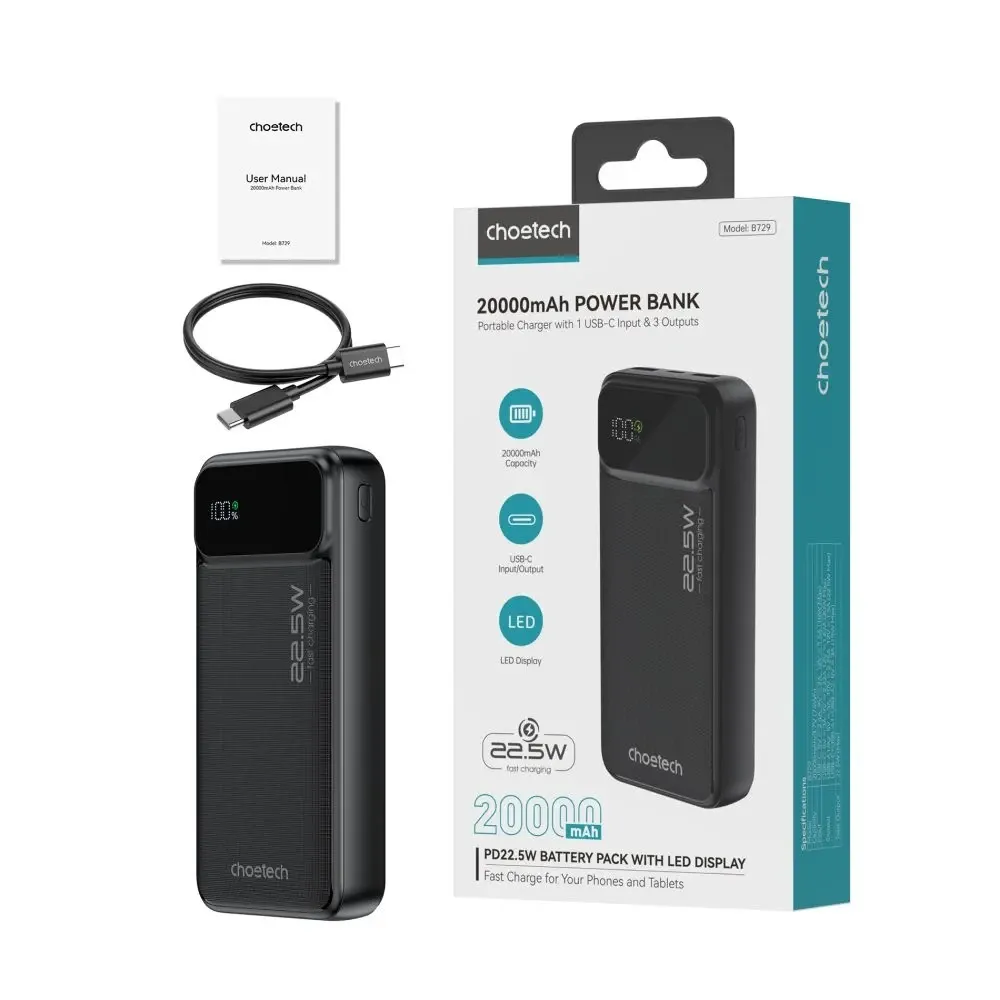 Повербанк 20000 mAh Choetech B729 Black 22.5W QC3.0 PD3.0 (43-00115) Киев - изображение 3