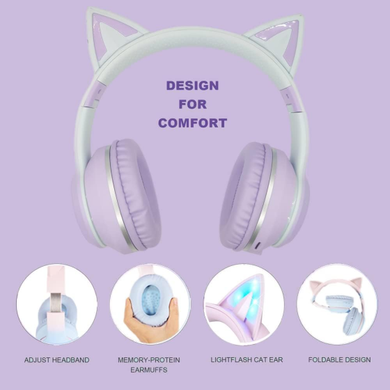 Детские Bluetooth-наушники с кошачьими ушками и светодиодной подсветкой, беспроводные наушники для девочек, поддержка TF-карты Киев