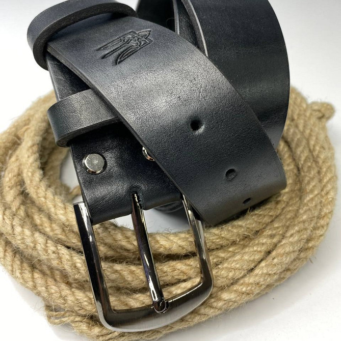 Ремінь чоловічий з натуральної шкіри для джинсів, шкіряний пояс з тисненням Герб, чорнийMasterSem Київ - фото 6