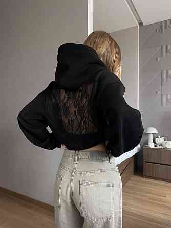 Жіноча стильна тепла худі з відкритою спиною трьохнитка пеньє на флісі та мереживо Одеса