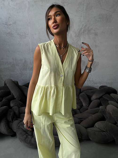 Женский стильный повседневный костюм из натуральной ткани-коттона. Лимонный, 42/44 Одесса - изображение 2