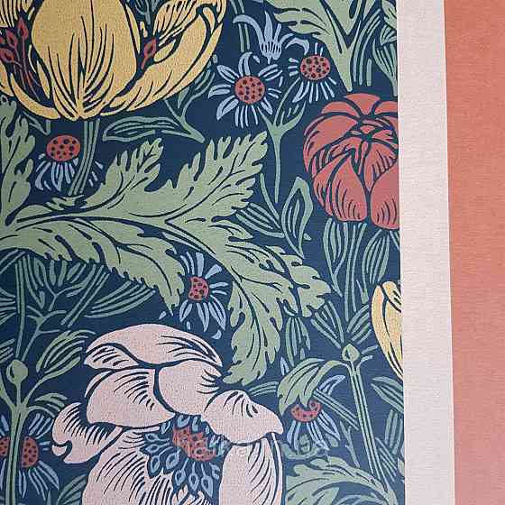 Обои флизелиновые экологически чистые Rasch Salisbury 0.53х10 цветы яркие красные желтые беж на темно синем Киев