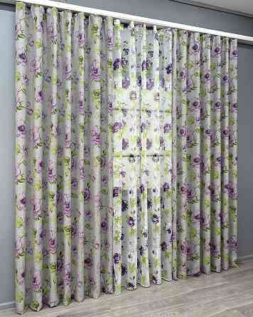 Комплект штор VR-Textil Льон Прованс 150х270 2шт і Тюль 400х270 2079ш-1266т Сірий з фіолетовим та білим 71-206/3 Київ