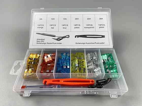 Набор предохранителей 93 шт  (5А, 10А, 15А, 20А, 25А, 30А) захват + тестер 6-24В пластиковый бокс Мукачево