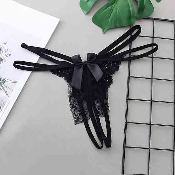 Сексуальні стрінги з мереживом та бантами чорні - розмір універсальний, резинка до 86см Київ