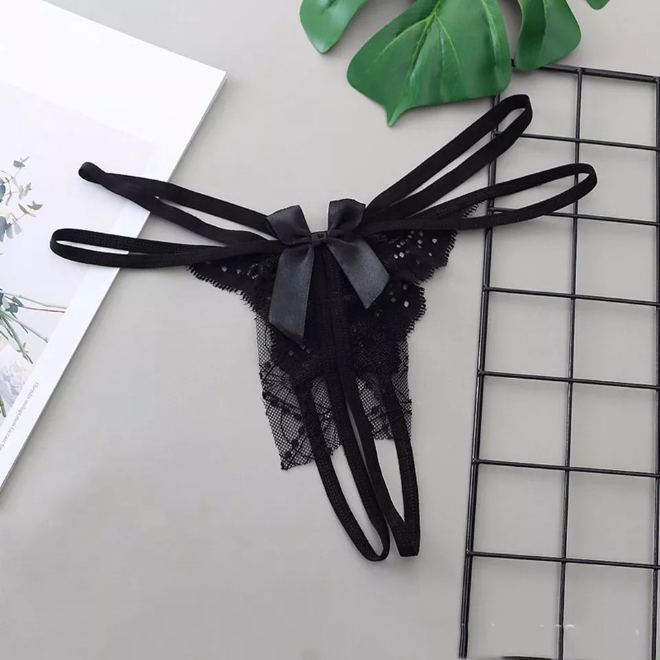 Сексуальні стрінги з мереживом та бантами чорні - розмір універсальний, резинка до 86см Київ - фото 1