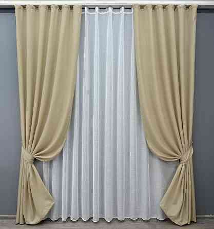 Комплект штор VR-Textil Лен Мешковина 150х270 2шт и Тюль 600х270 114ш-115т Бежевый с белым 71-022/5 Киев