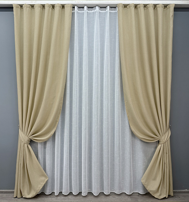 Комплект штор VR-Textil Лен Мешковина 150х270 2шт и Тюль 600х270 114ш-115т Бежевый с белым 71-022/5 Киев - изображение 1