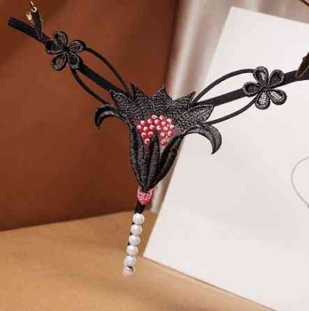 Еротичні труси з перлами чорні "Квітка" - розмір універсальний, (на резинці) Київ