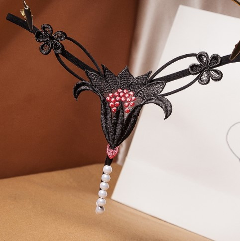 Еротичні труси з перлами чорні "Квітка" - розмір універсальний, (на резинці) Київ - фото 3