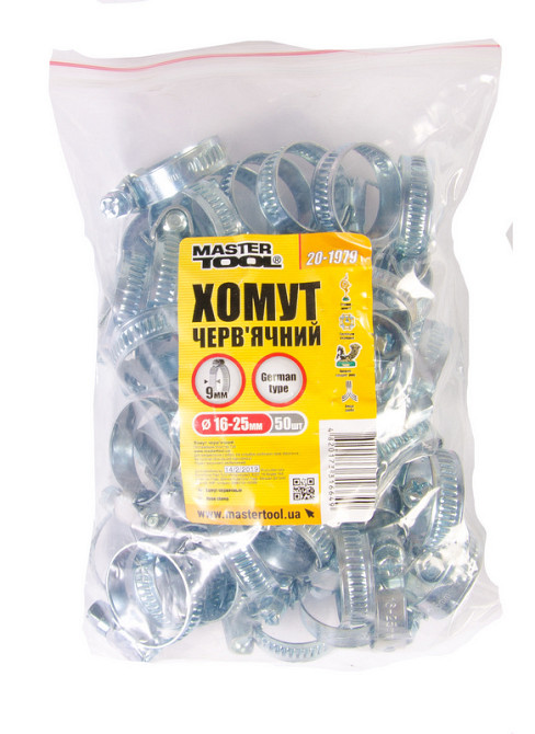 MASTERTOOL Хомут черв'ячний MASTERTOOL German type W1 DIN 3017 9.0 мм Ø 16-25 мм 50 шт 20-1979 Коломия - фото 4