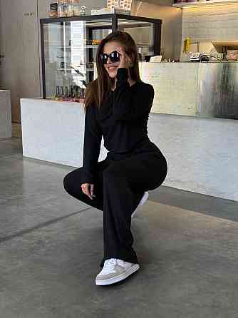 Женский костюм штаны с лонгсливом рубчик Бежевый Черный M/L Харьков