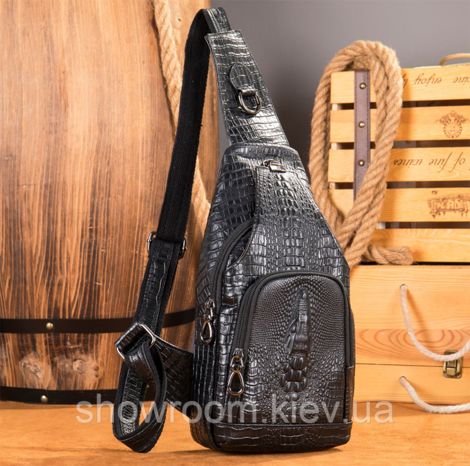 Чоловіча сумка клажана на груди (слінг) Leather Collection (9076) black Київ - фото 1